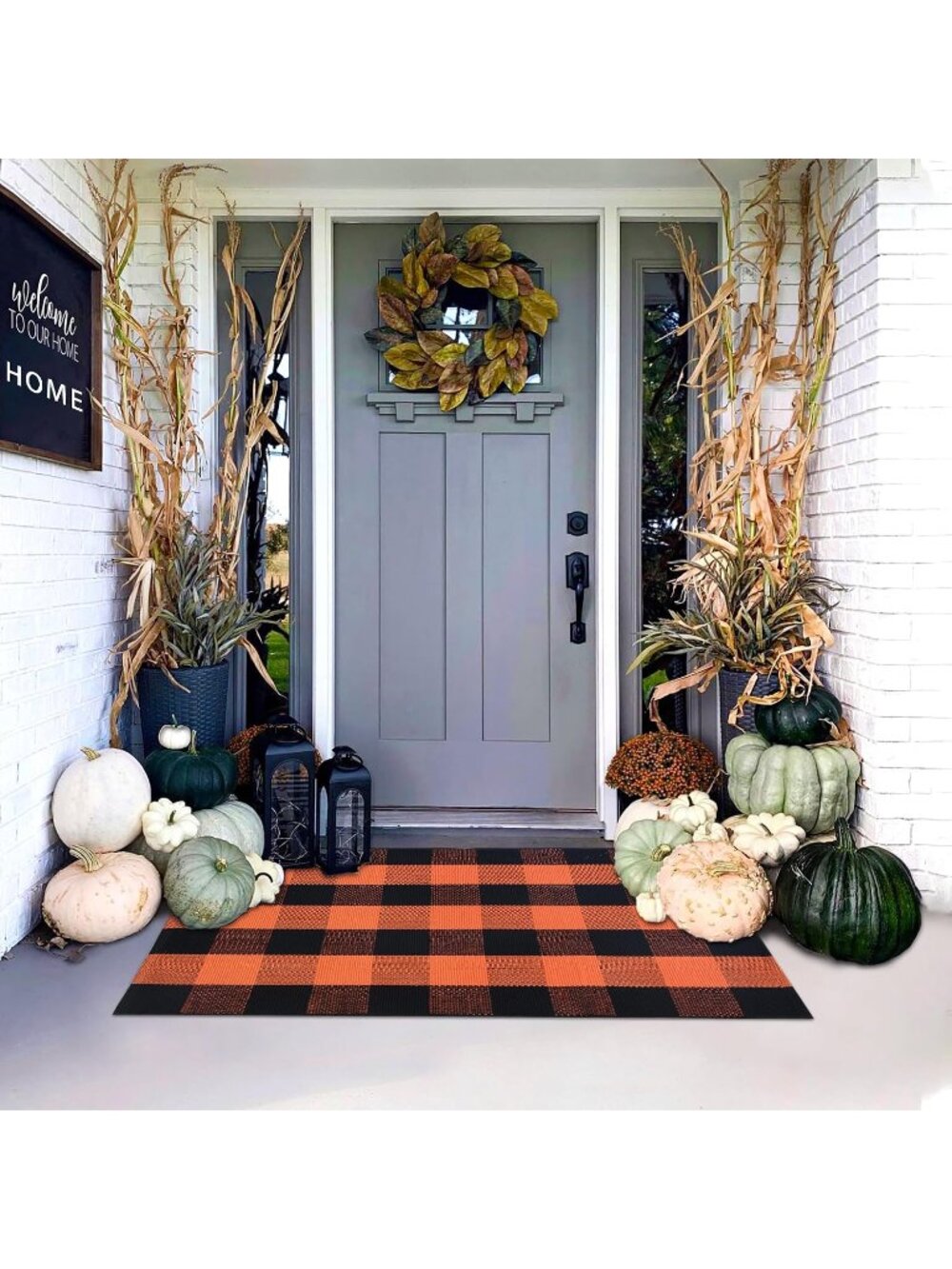 New Orange and Black Plaid Rug, 28'' x 43'' Fall Outdoor Front Door Decor - Picture 3 of 7